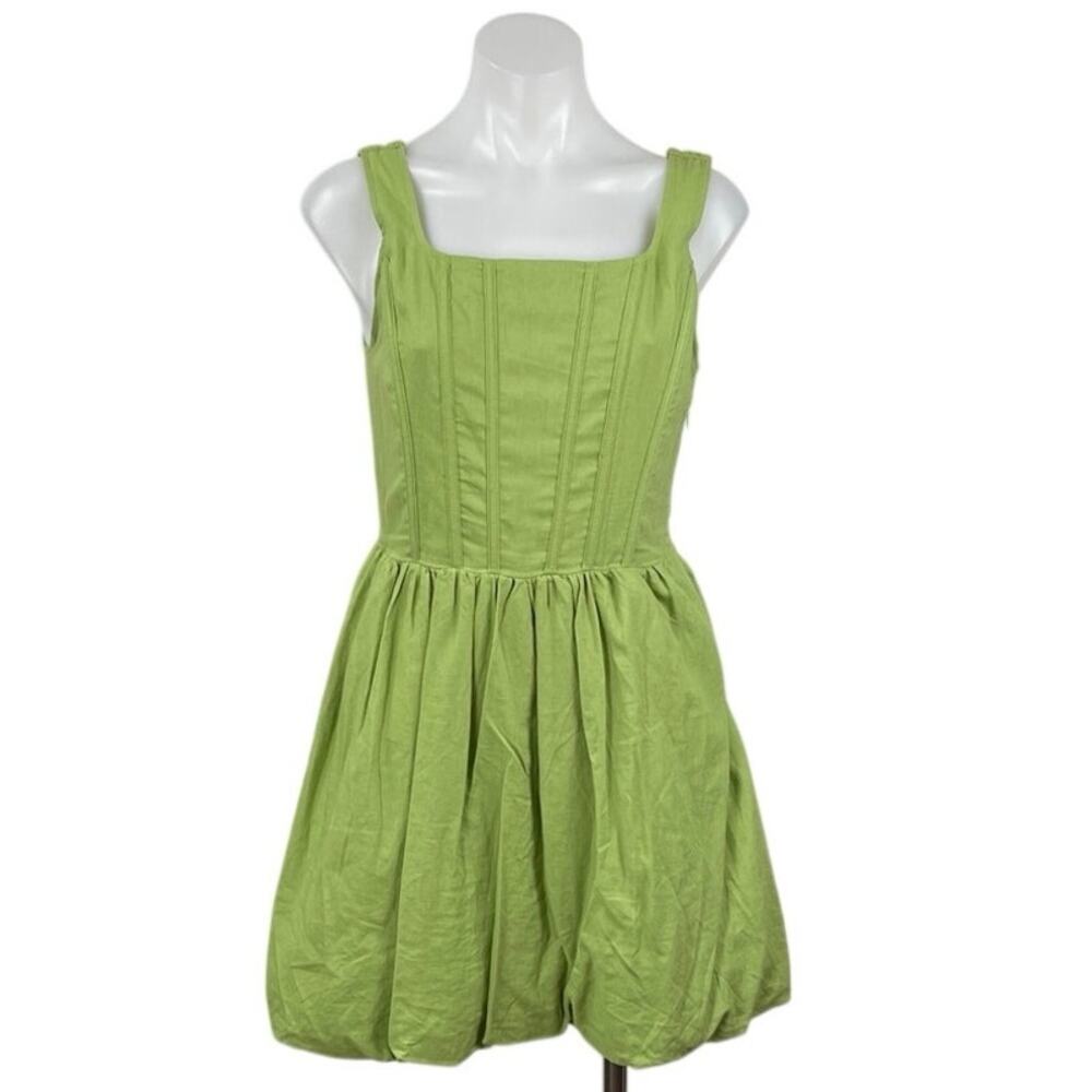 Sincerely Jules Green Linen Pleated Corset Mini Bubble Tank Flare A-Line Dress M